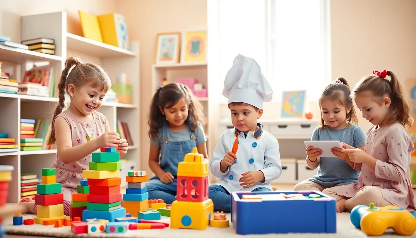 children playing with educational toys in a colorful playroom.