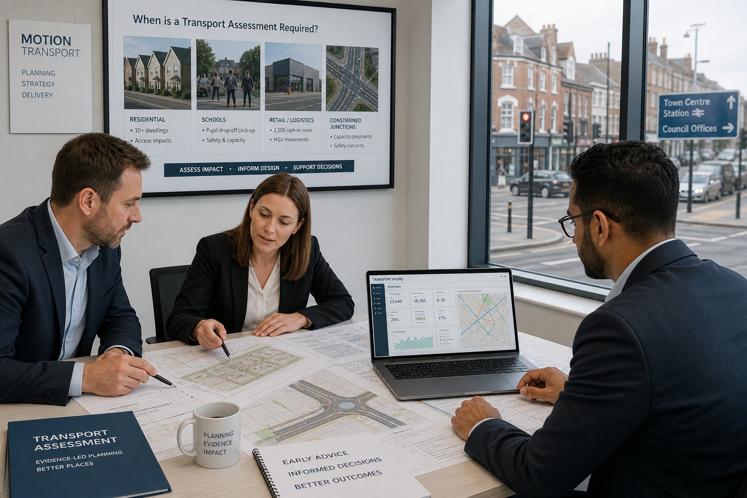 Transport consultants reviewing development traffic plans in a modern UK office.