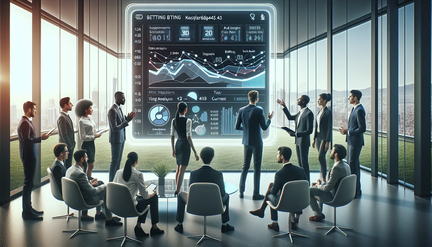 professionals discussing betting trends at a modern office.