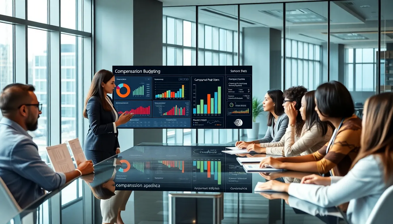 diverse team discussing compensation budgeting software in a modern office.