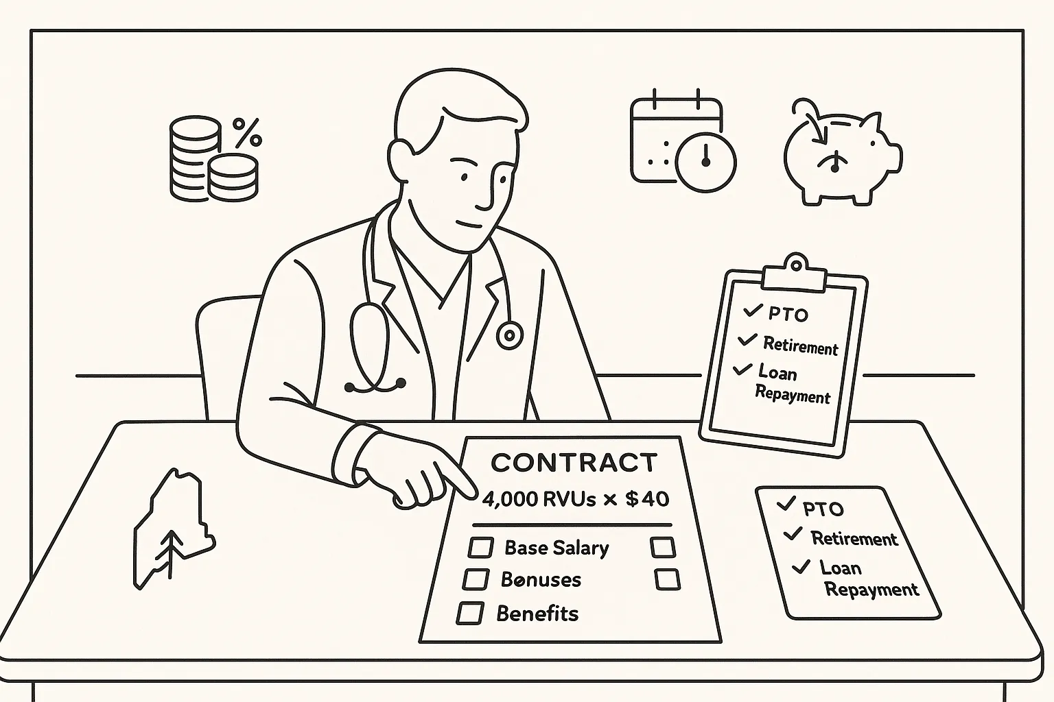 Physician assistant reviewing a contract with compensation icons and a small Maine outline.