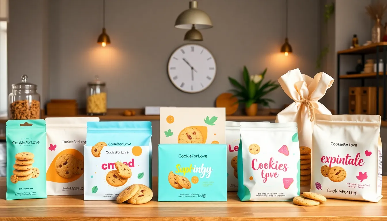 assorted cookie packaging designs in a modern workspace.