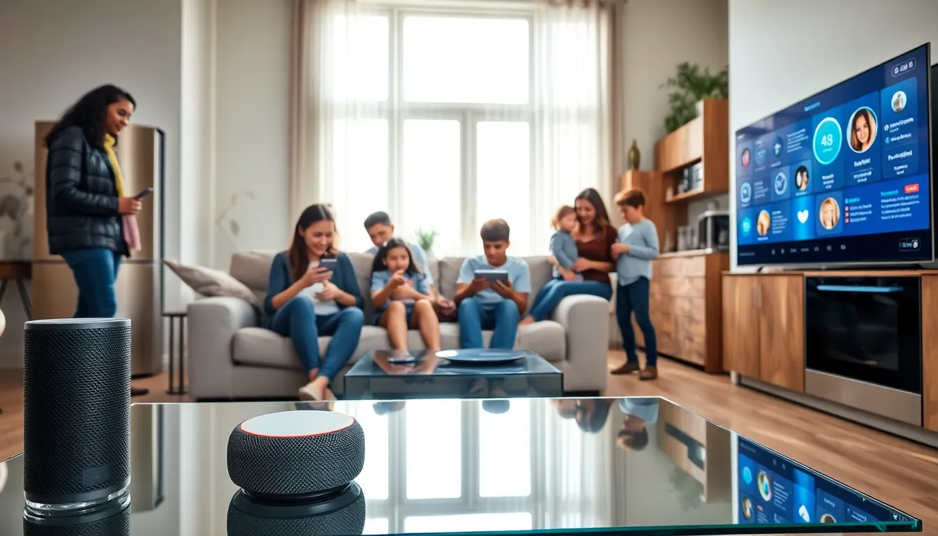 family interacting with smart home gadgets in a modern living room.
