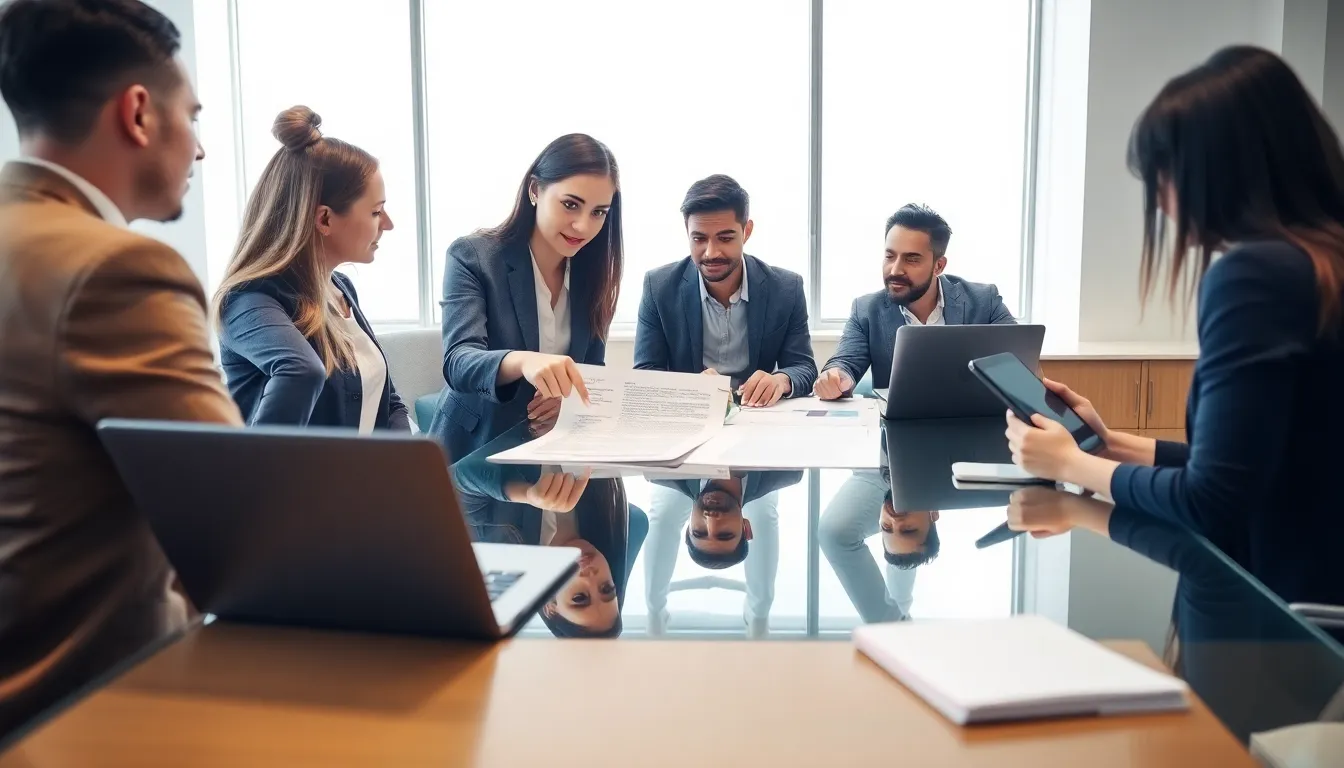 professionals discussing rental agreements in an office setting.