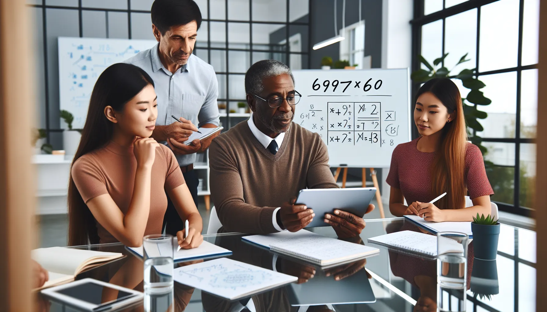 A diverse group learning multiplication techniques in a modern classroom.