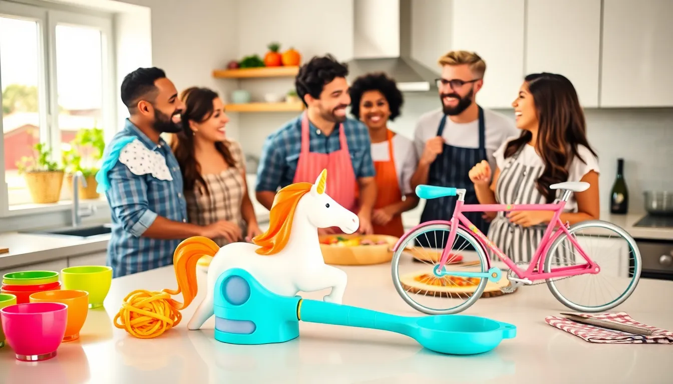 playful kitchen with quirky gadgets and diverse cooks.