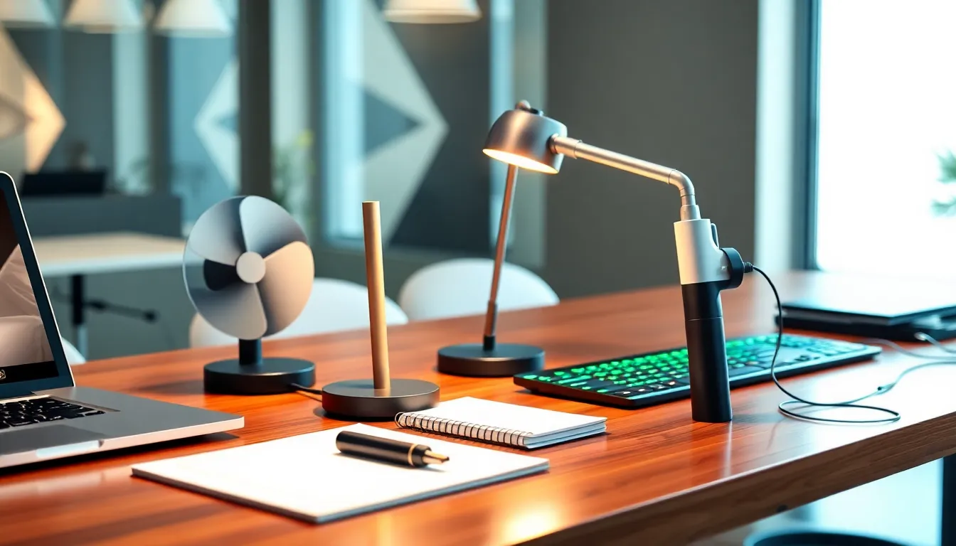 various USB gadgets on a modern desk in a professional setting.