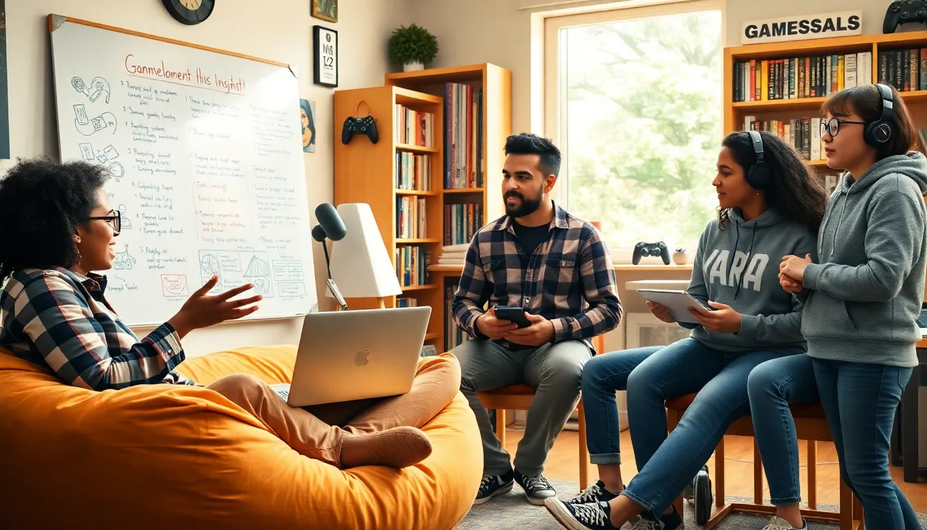a diverse group discussing game development in a cozy room.