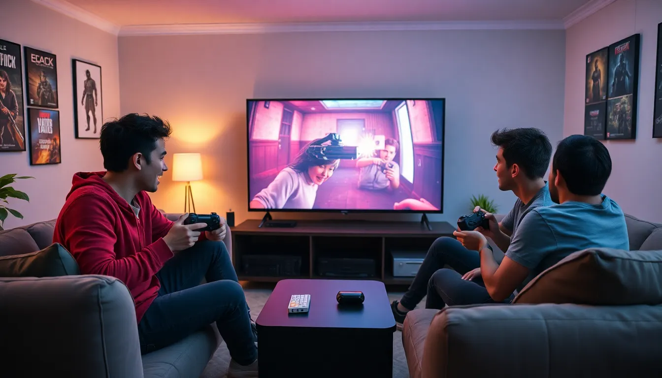 diverse friends playing a co-op horror game in a modern living room.