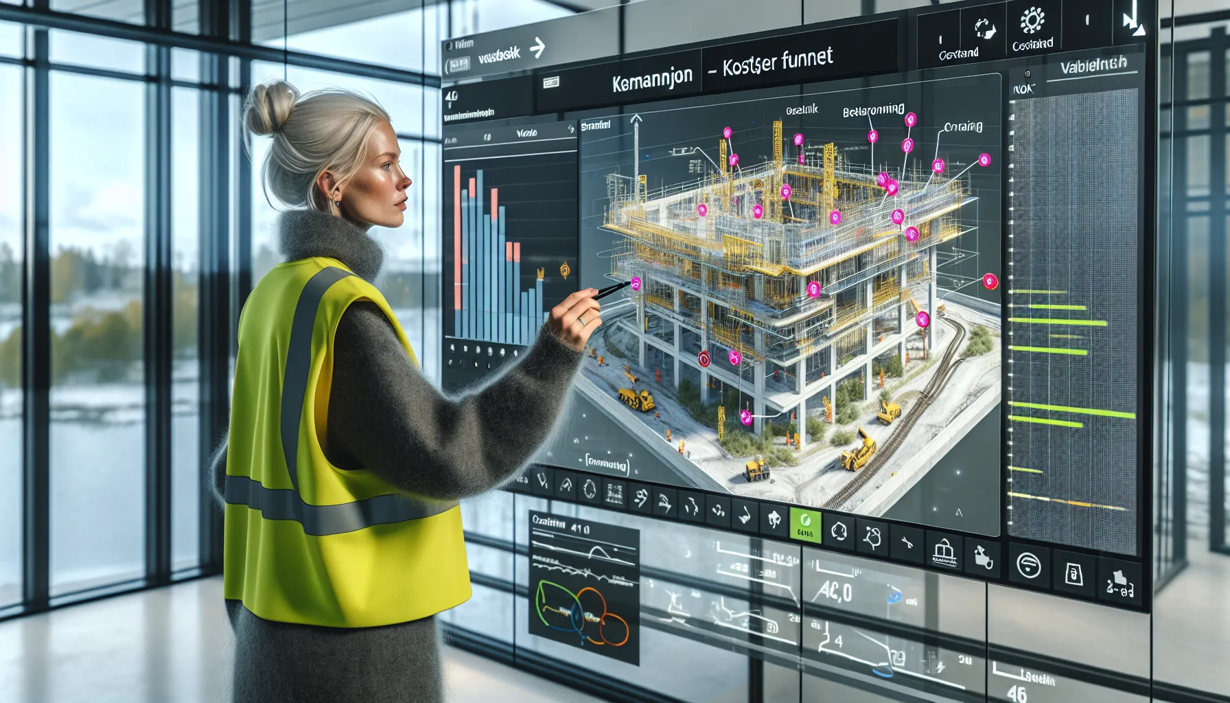 Hvordan bruke teknologi for å effektivisere byggeprosjekter 2 Project manager shows a digital building model with schedule and cost overlays.