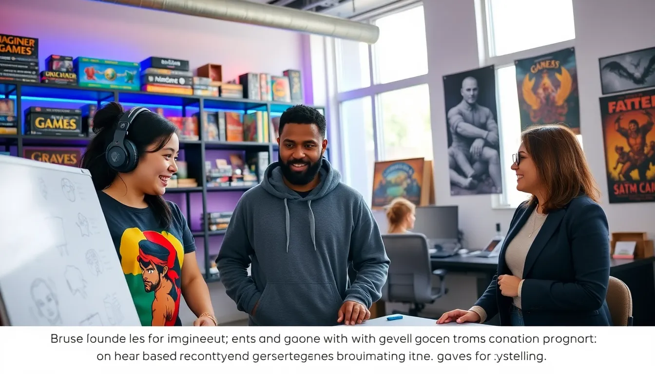 Game designers collaborating in a vibrant, creative office for Imagineer Games.
