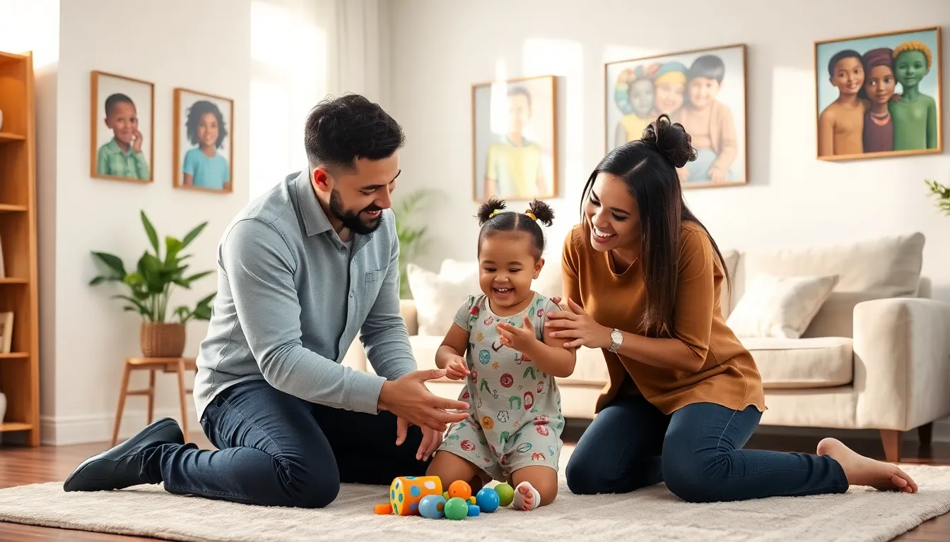 A diverse family joyfully playing together in a cozy living room.