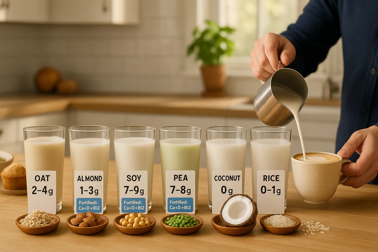 six glasses of milk alternatives with ingredient dishes and nutrition cards