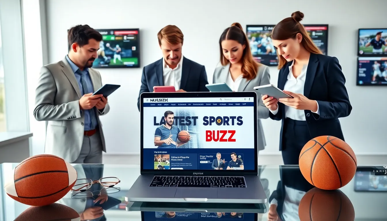 team collaborating around sports news website on modern devices.