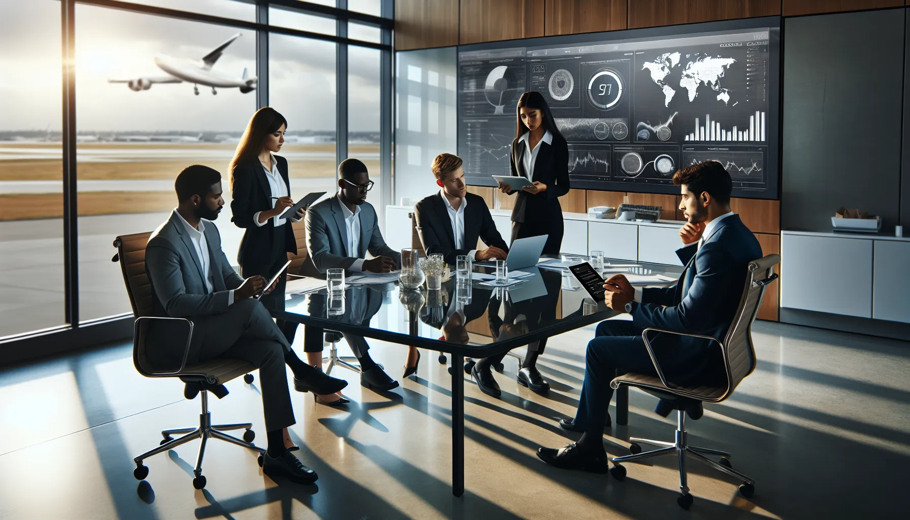 diverse team discussing aviation management in a modern office.