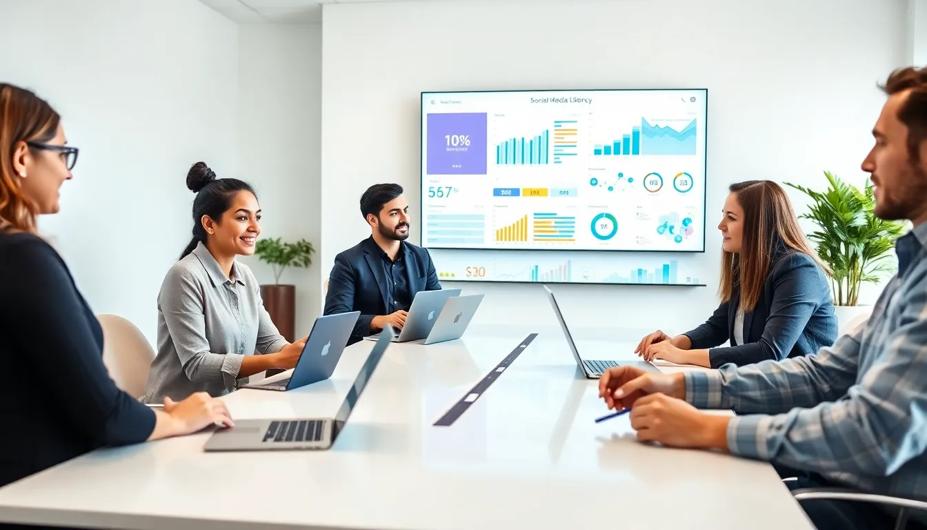 diverse team discussing social media literacy in a modern office.