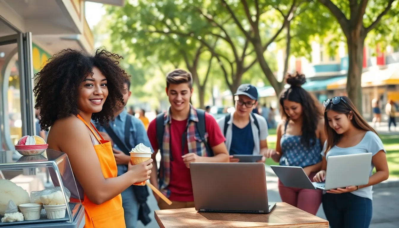 diverse teenagers working summer jobs in a vibrant outdoor setting.
