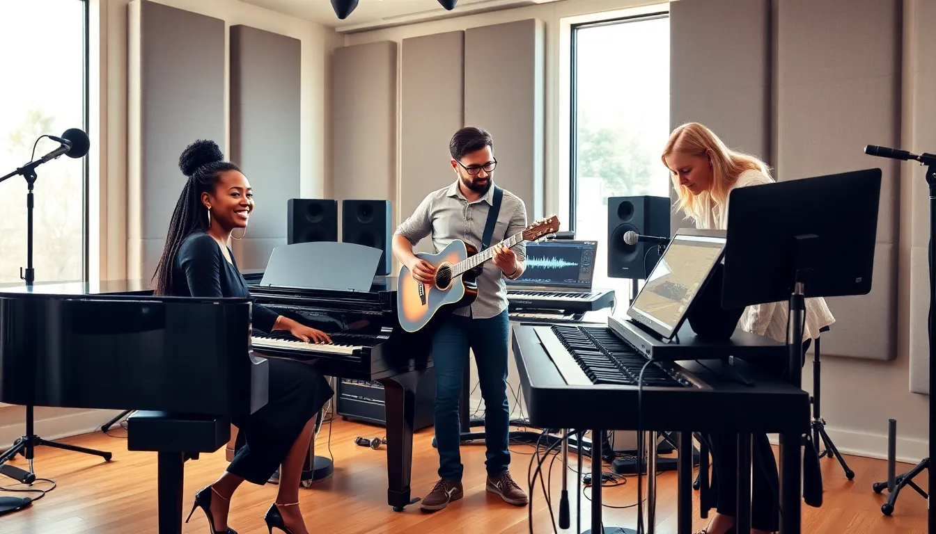 musicians collaborating in a modern recording studio.
