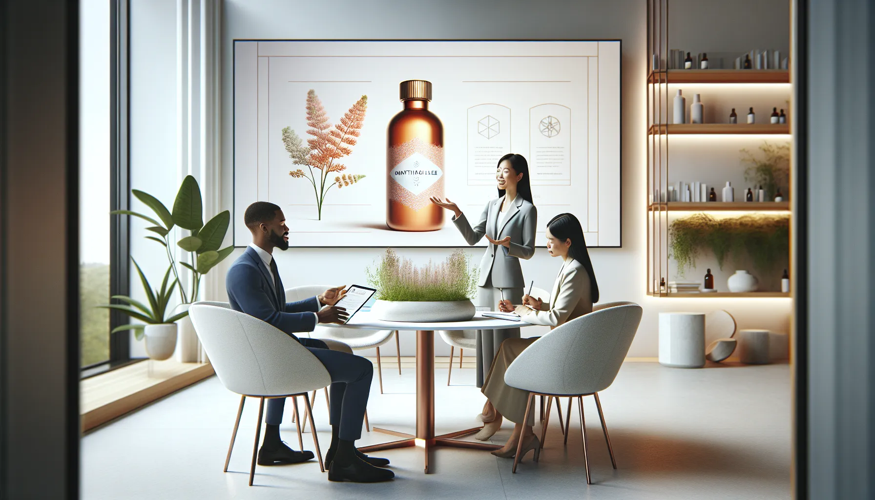 diverse professionals discussing Manthaoilreat in a wellness studio.