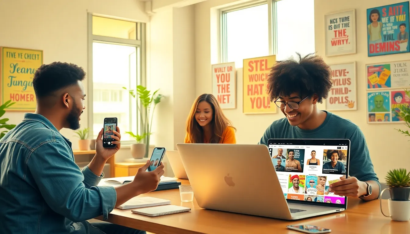 diverse creators collaborating on social media content in a bright, modern workspace.