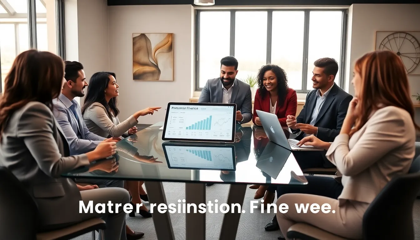 diverse team discussing personal finance in a modern office.