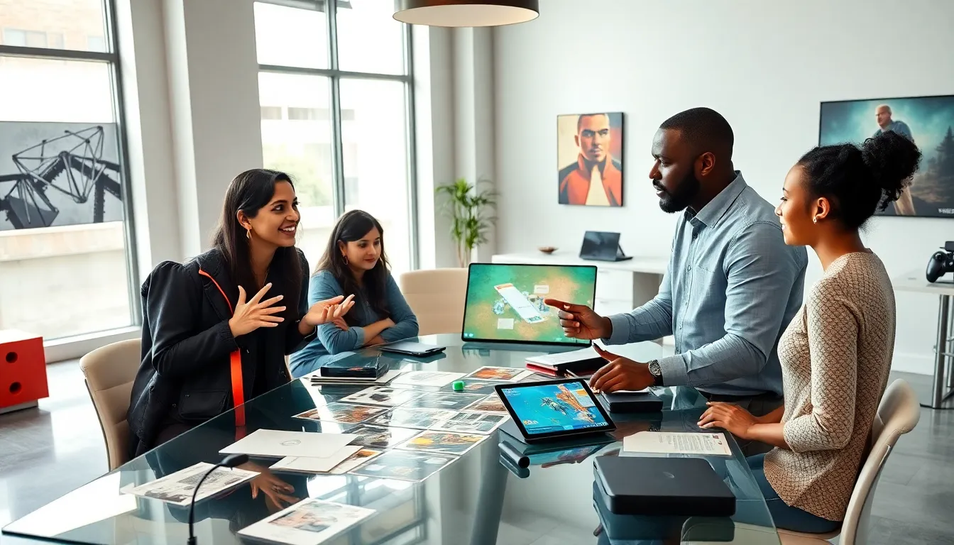 diverse game developers collaborating in a modern office space.