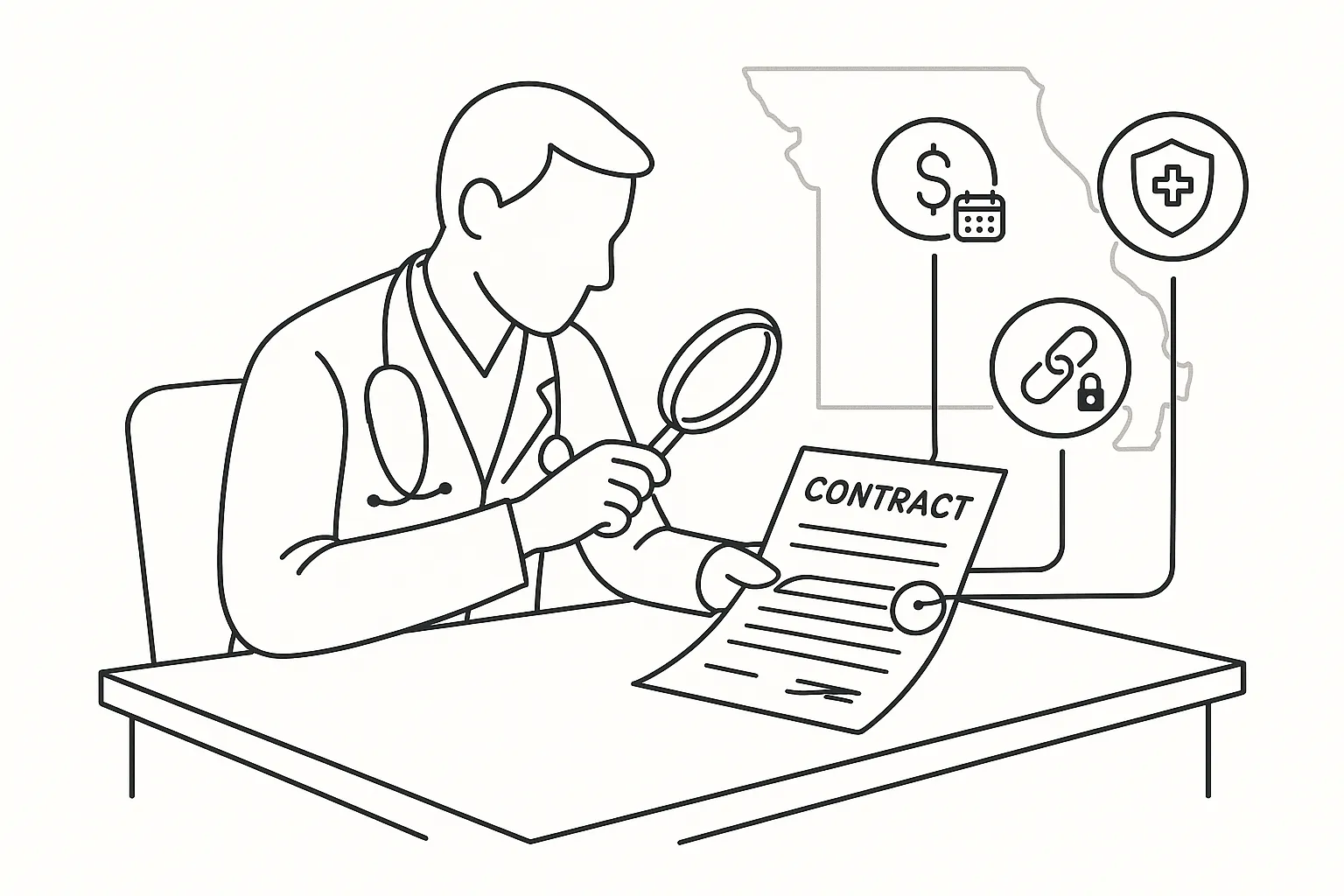 Physician assistant examining a contract with icons for pay, covenants, and malpractice of Missouri Physician Assistant Contract Review.