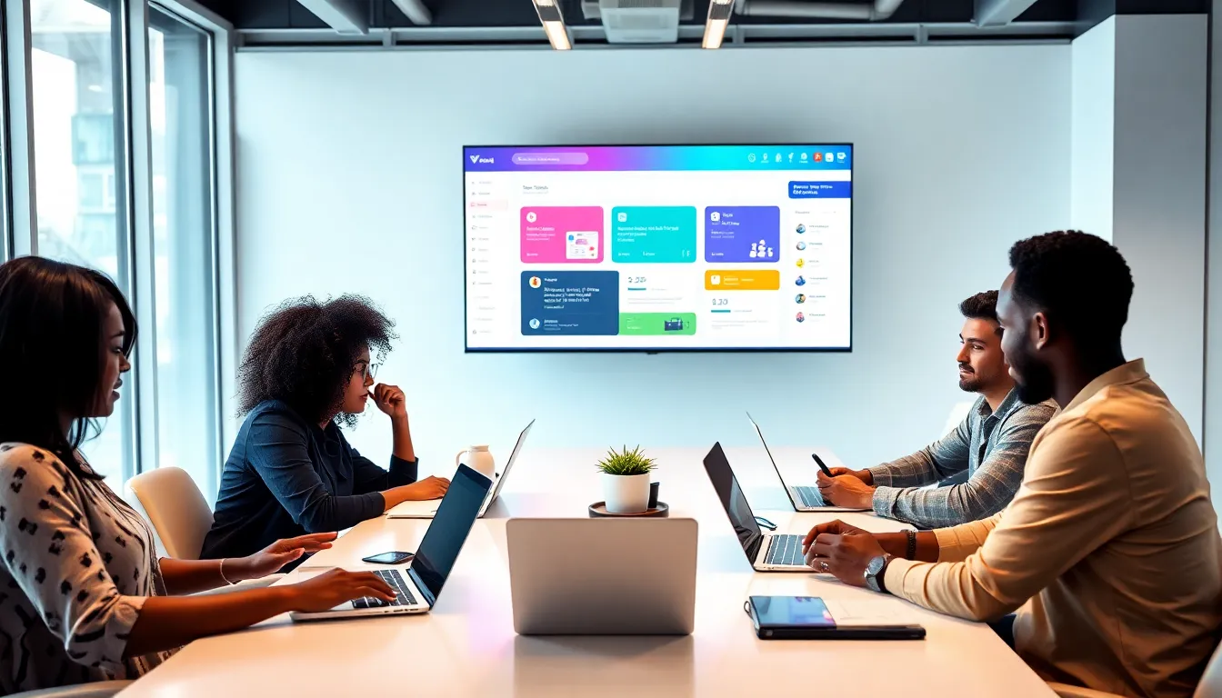 diverse team collaborating on a no-code platform in a modern office.