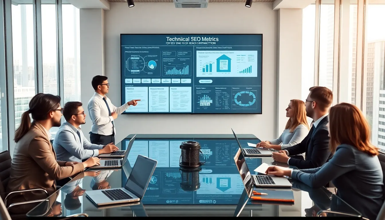 diverse team discussing technical SEO metrics in a modern office.