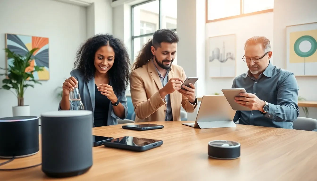 modern workspace featuring diverse professionals using various smart gadgets.