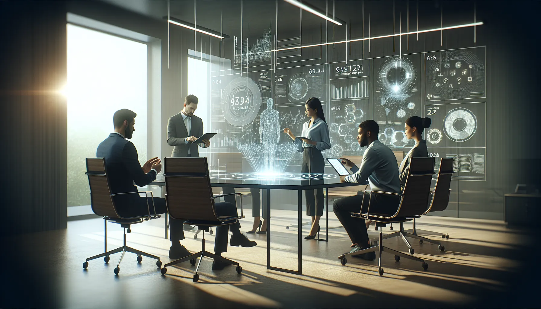 diverse team collaborating in a modern office over data management.