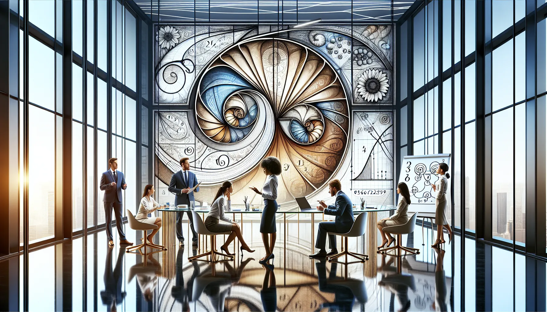 diverse professionals discussing the Fibonacci sequence in a modern office.