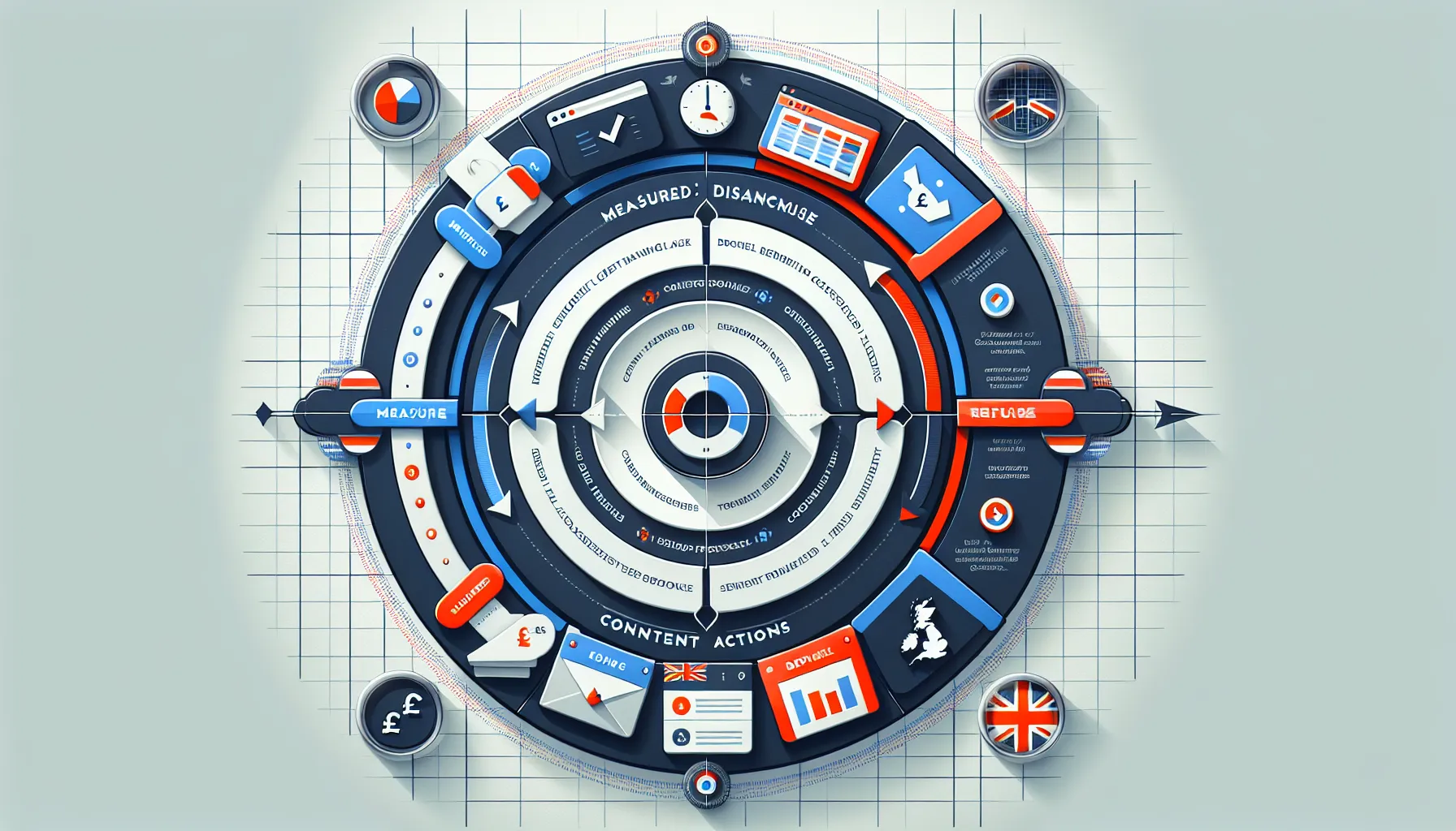 Circular UK-themed SEO loop showing measurement, diagnosis, refinement, and deployment steps.