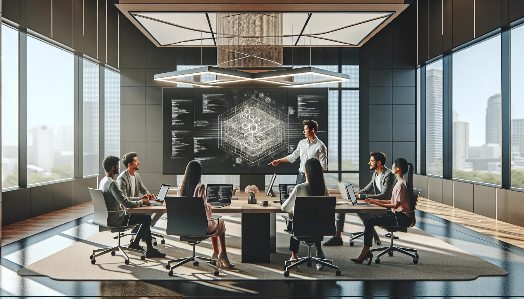 diverse team collaborating on digital framework in a modern office.