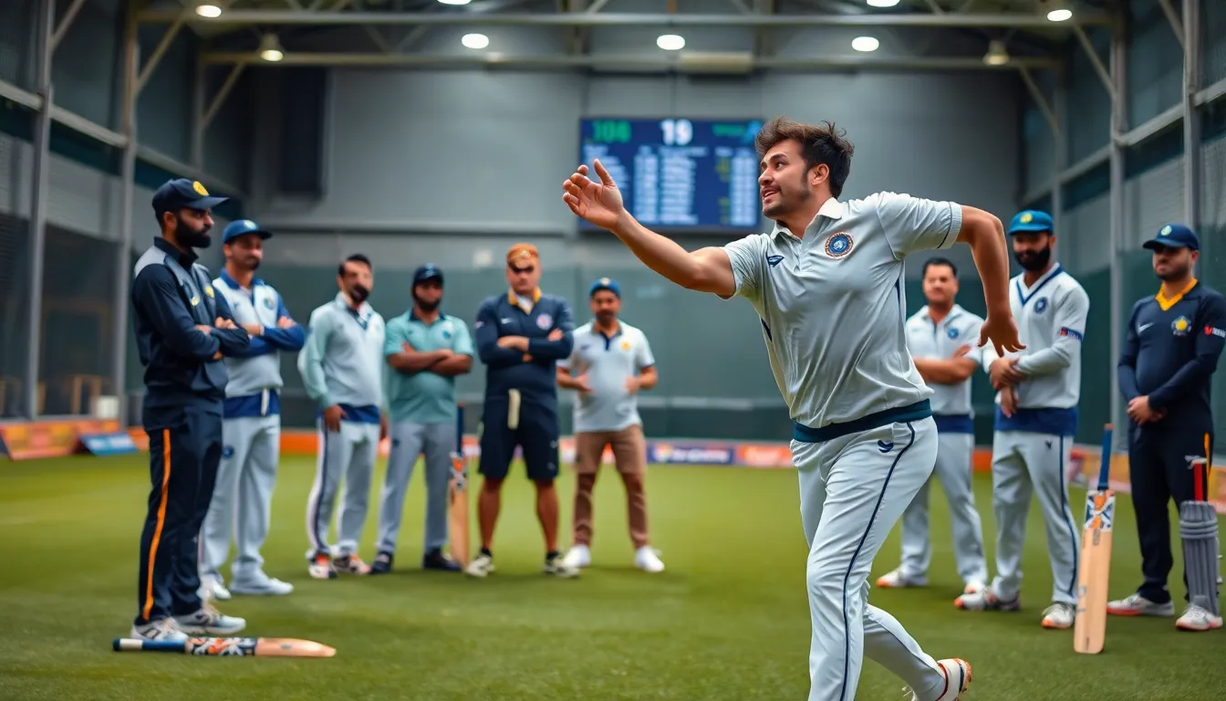 cricket players demonstrating fast bowling techniques in a sports facility.