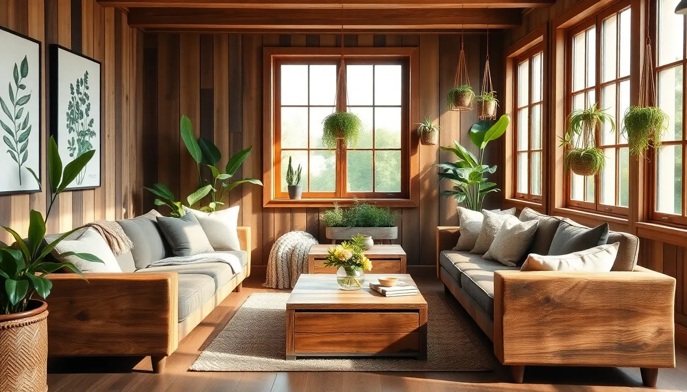 nature-inspired living room with greenery and natural light.