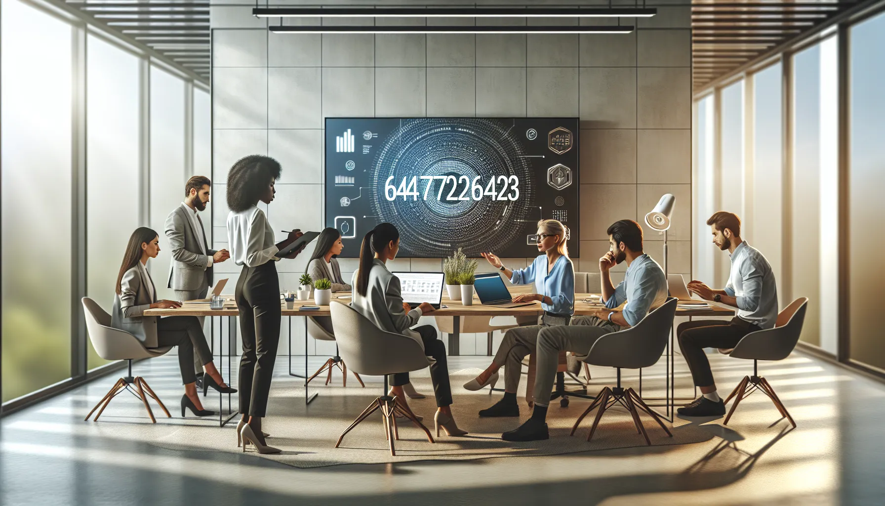 diverse team discussing the significance of the number 6477226423 in a modern office.