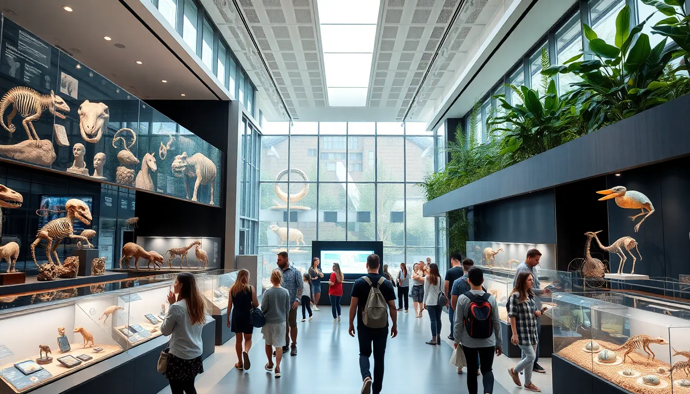 modern life science museum with diverse visitors engaging with exhibits.