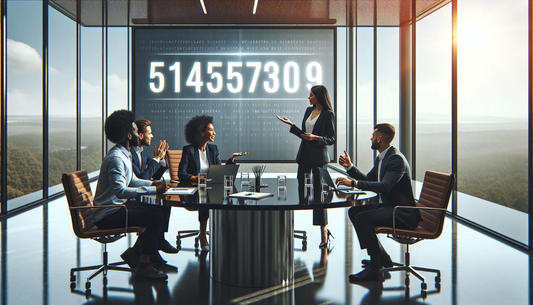 diverse professionals discussing the number 5143753809 in a modern office.