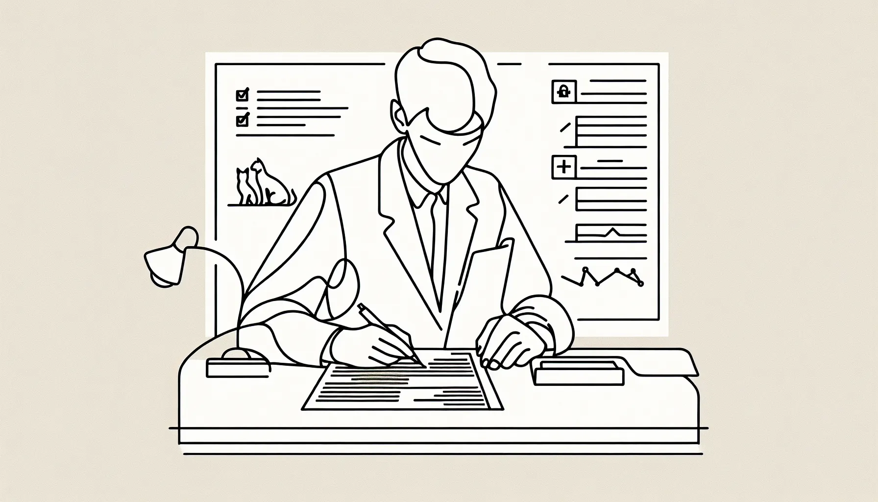 Veterinarian reviewing a contract with charts, warning icon, calculator, and Maine outline.