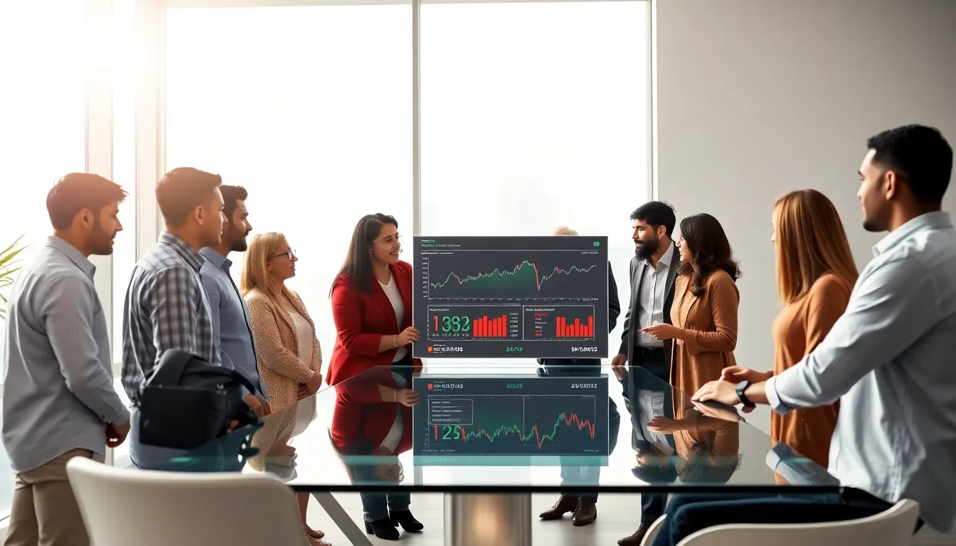 diverse team discussing AI stocks in a modern office.
