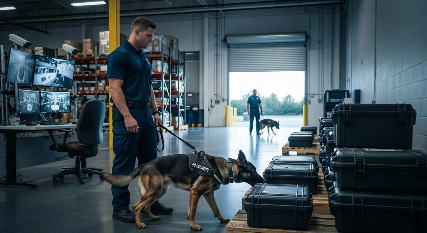 K9 security dogs and handlers patrolling a modern warehouse, showing detection and deterrence.