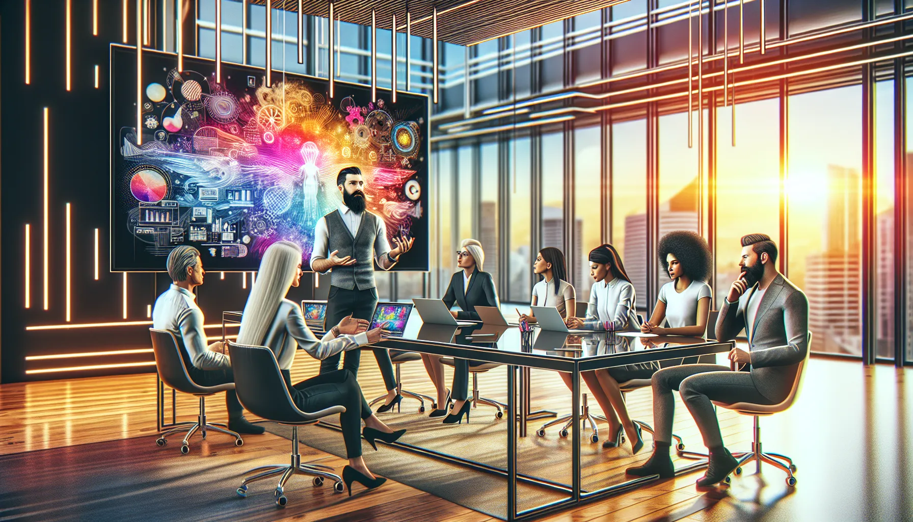 diverse professionals collaborating in a modern office setting.