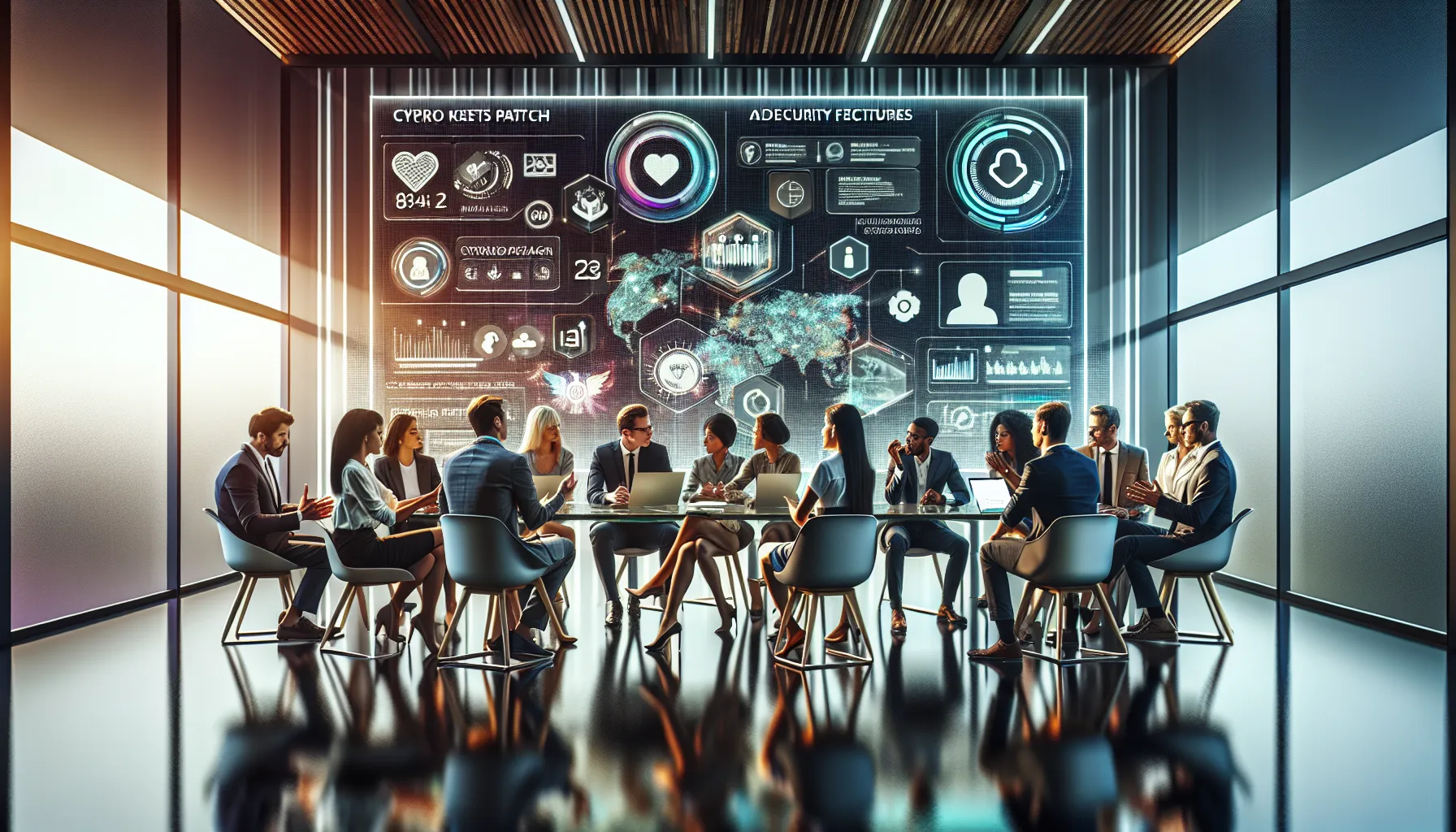 diverse team discussing the Cyroket2585 Patch in a modern office.