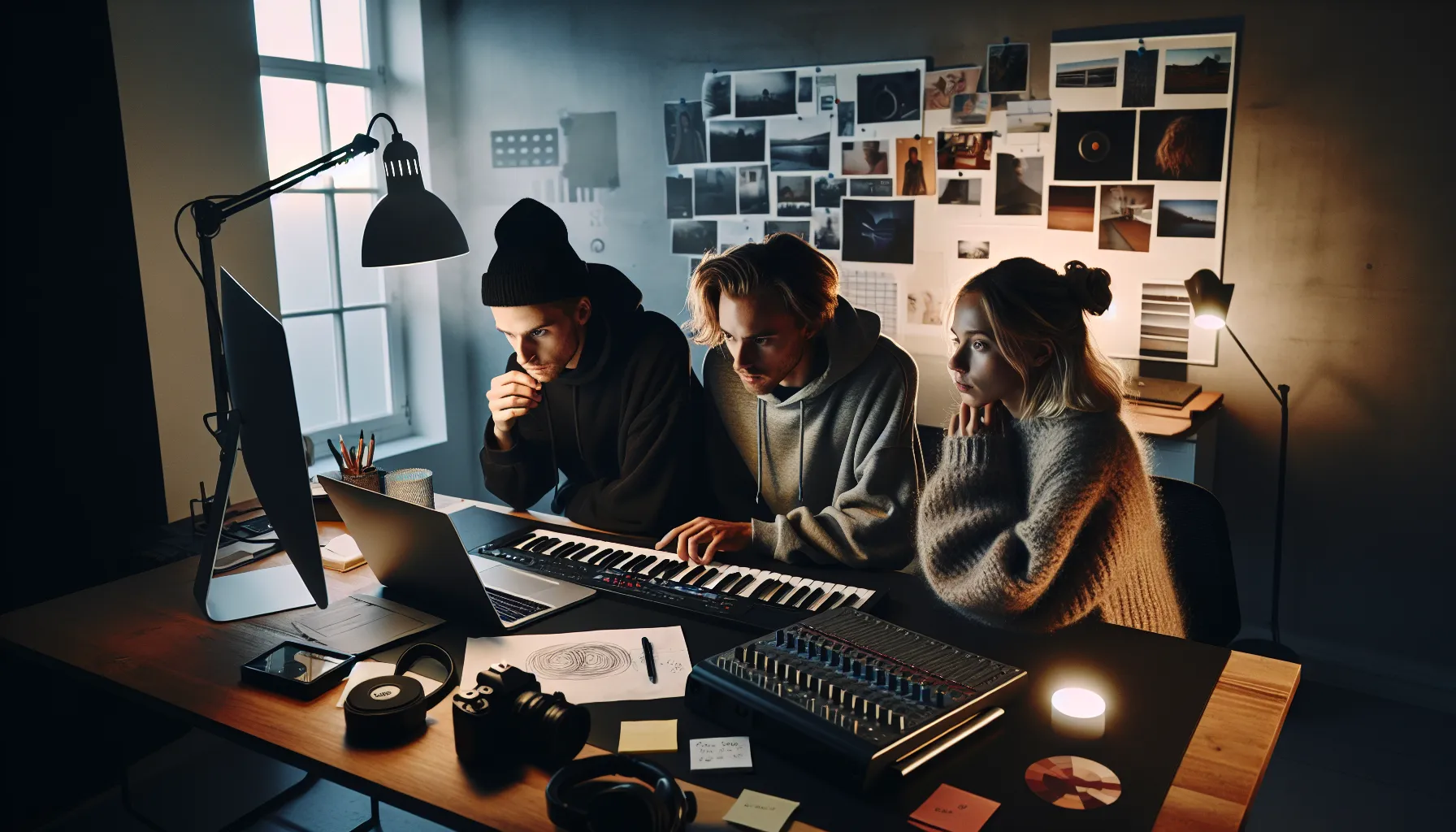 Young norwegian creatives planning a combined music and video project in a studio.