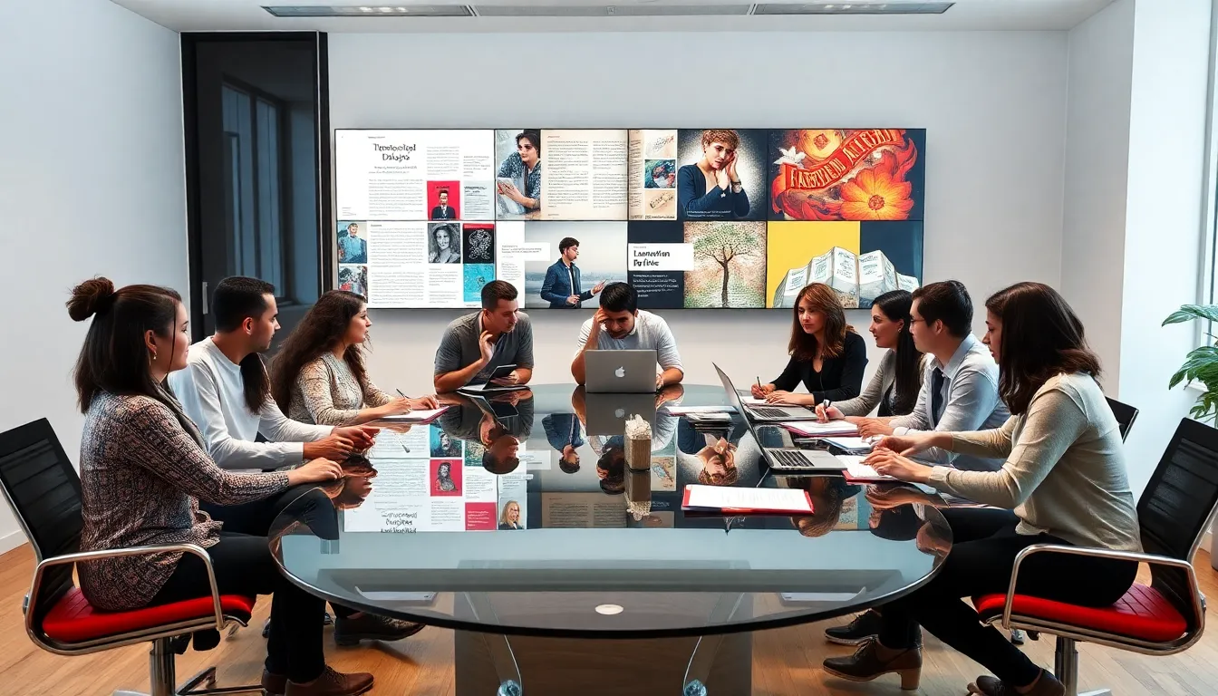 diverse artists and writers collaborating in a modern workspace.