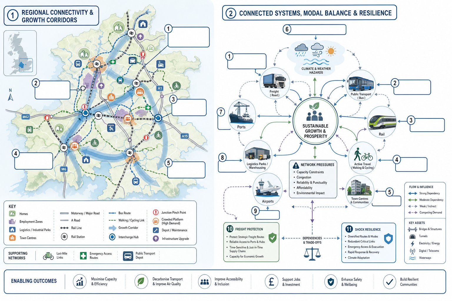 Infographic of UK regional transport planning issues, growth, modes, freight and resilience.
