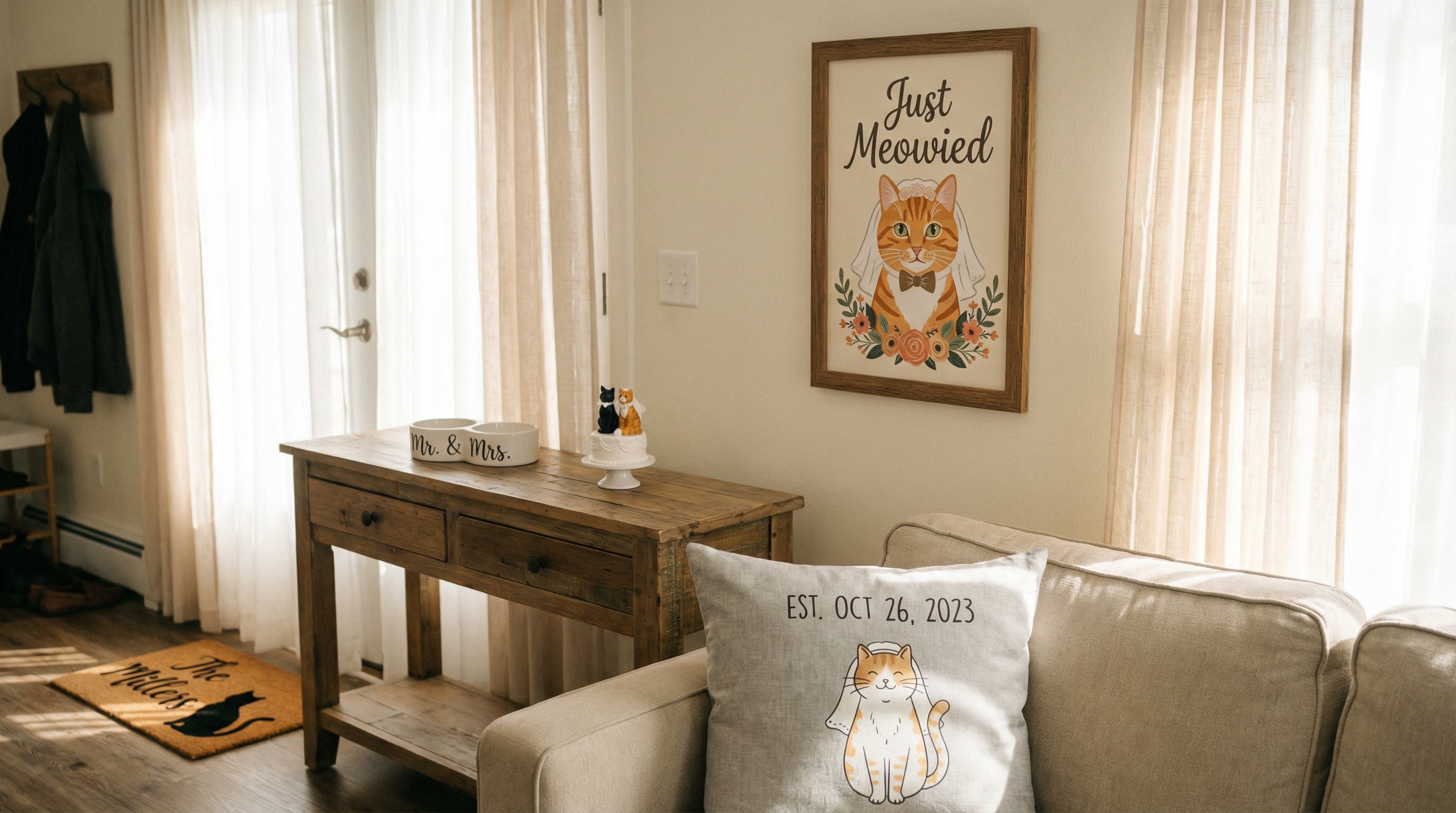 Cozy living room with "Just Meowied" cat-themed wedding décor and personalized gifts.