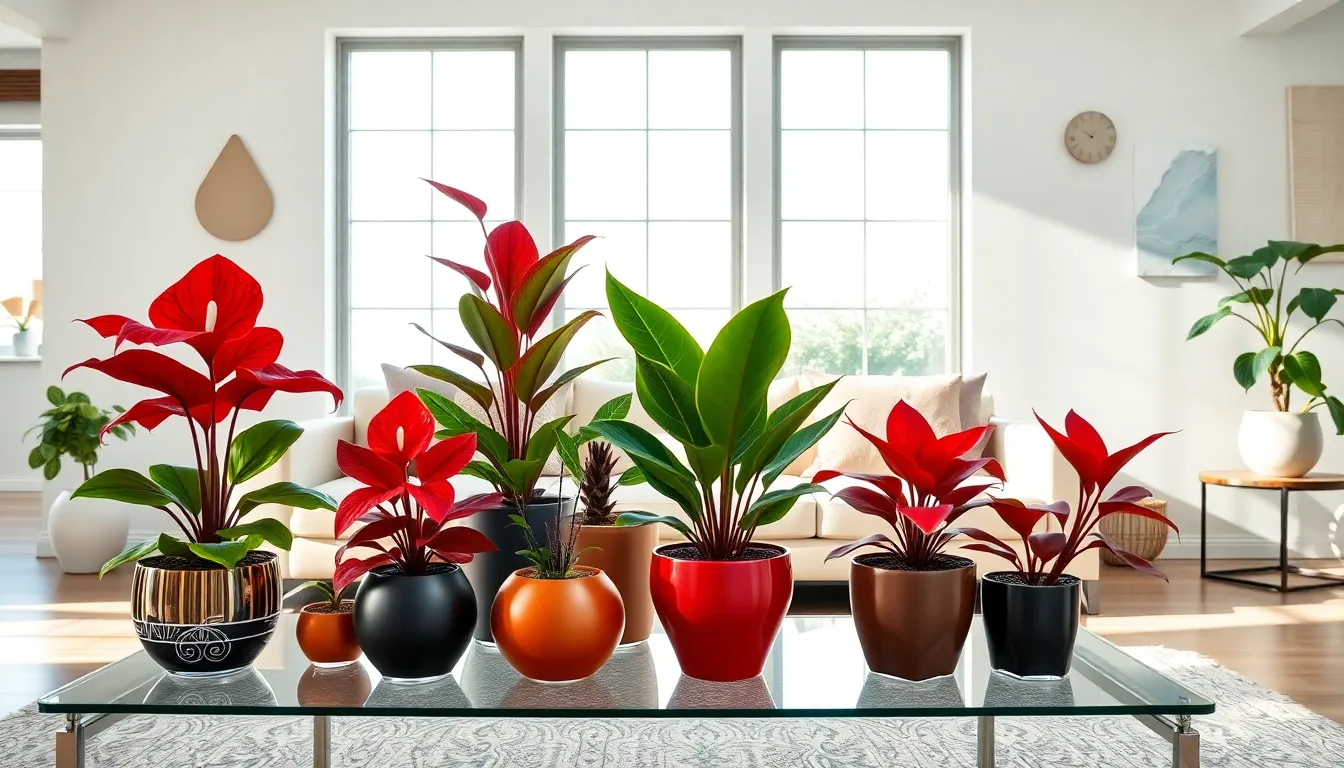 modern living room with diverse red house plants on a glass table.