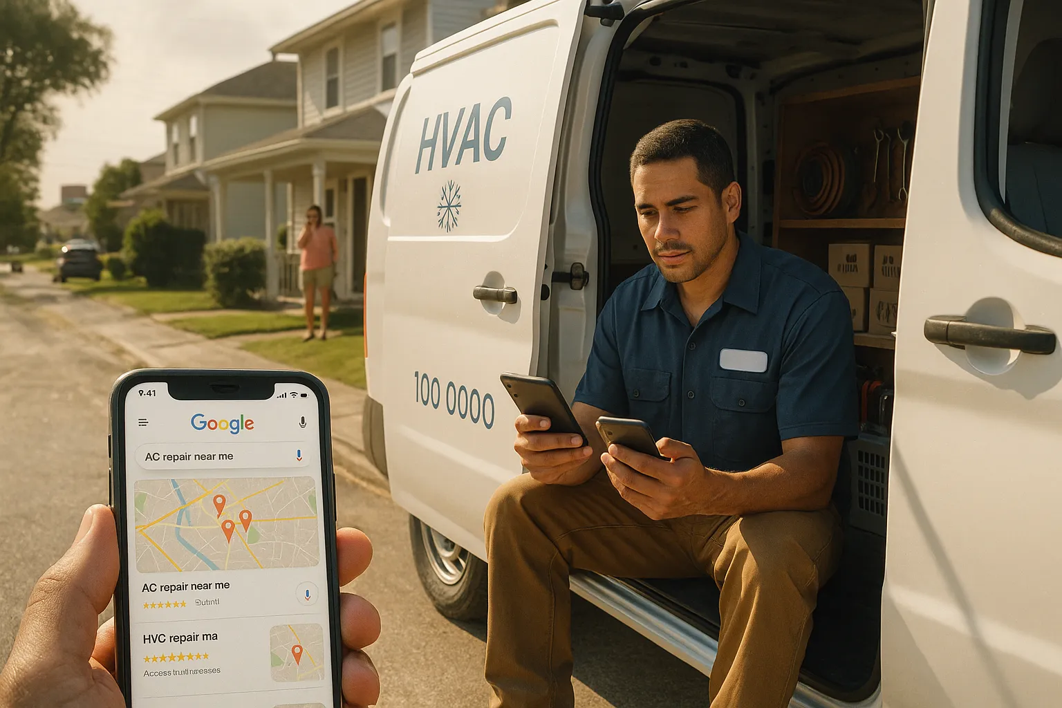 HVAC technician by service van checking local Google search results on phone.